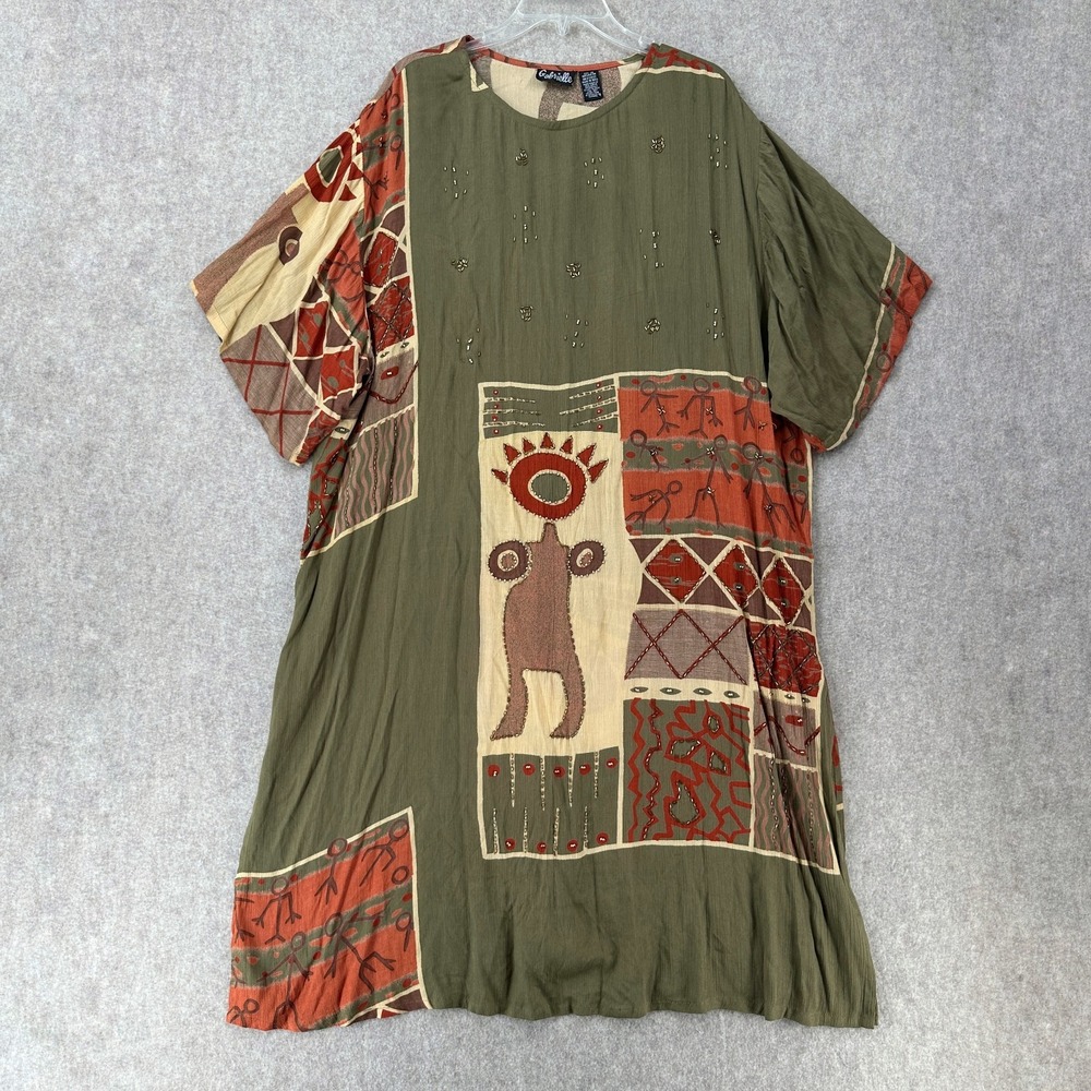 80s Tribal Batik Style Mid Length Tunic Caftan Dress 2X‎ Boho Aztec India Beaded